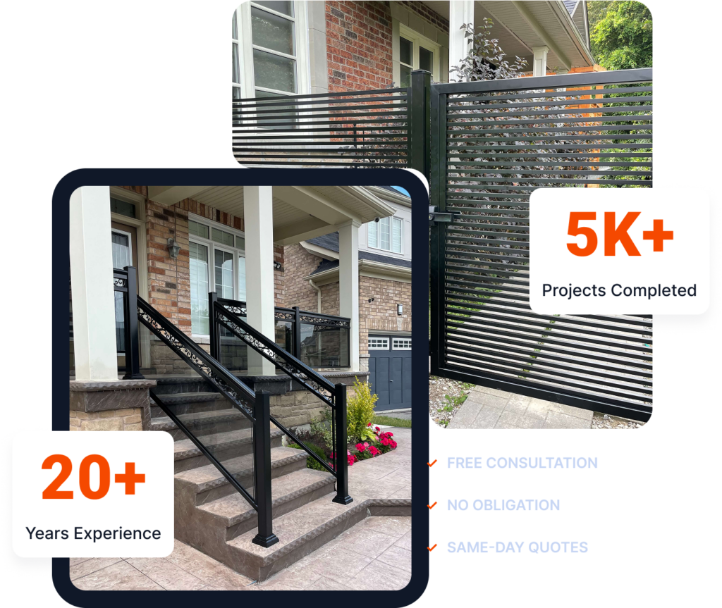 Two images stacked, one showing Glass Railings and one showing Picket Fence